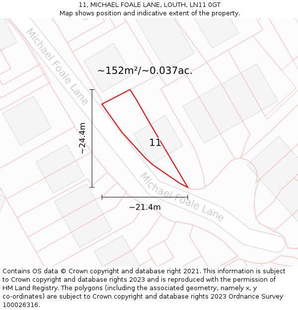 11, MICHAEL FOALE LANE, LOUTH, LN11 0GT: Plot and title map