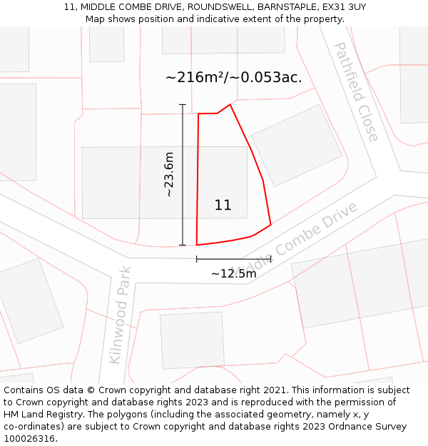 11, MIDDLE COMBE DRIVE, ROUNDSWELL, BARNSTAPLE, EX31 3UY: Plot and title map