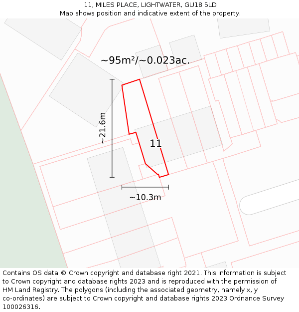 11, MILES PLACE, LIGHTWATER, GU18 5LD: Plot and title map