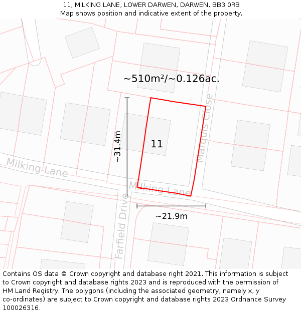 11, MILKING LANE, LOWER DARWEN, DARWEN, BB3 0RB: Plot and title map