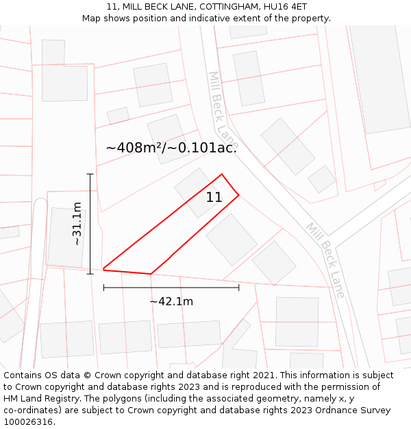 11, MILL BECK LANE, COTTINGHAM, HU16 4ET: Plot and title map