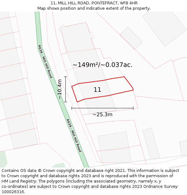 11, MILL HILL ROAD, PONTEFRACT, WF8 4HR: Plot and title map