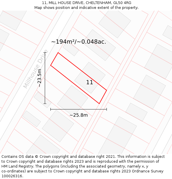 11, MILL HOUSE DRIVE, CHELTENHAM, GL50 4RG: Plot and title map