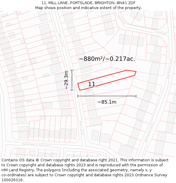 11, MILL LANE, PORTSLADE, BRIGHTON, BN41 2DF: Plot and title map