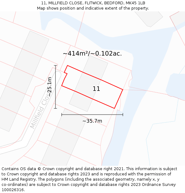 11, MILLFIELD CLOSE, FLITWICK, BEDFORD, MK45 1LB: Plot and title map