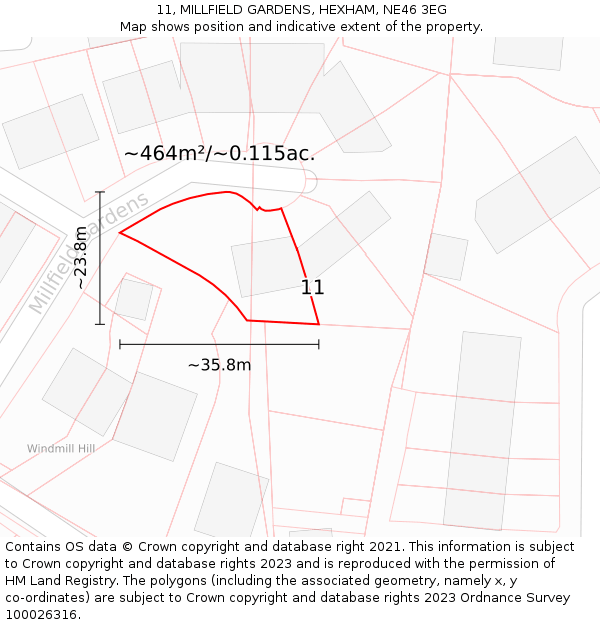 11, MILLFIELD GARDENS, HEXHAM, NE46 3EG: Plot and title map