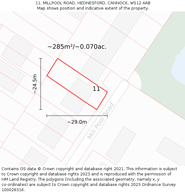 11, MILLPOOL ROAD, HEDNESFORD, CANNOCK, WS12 4AB: Plot and title map