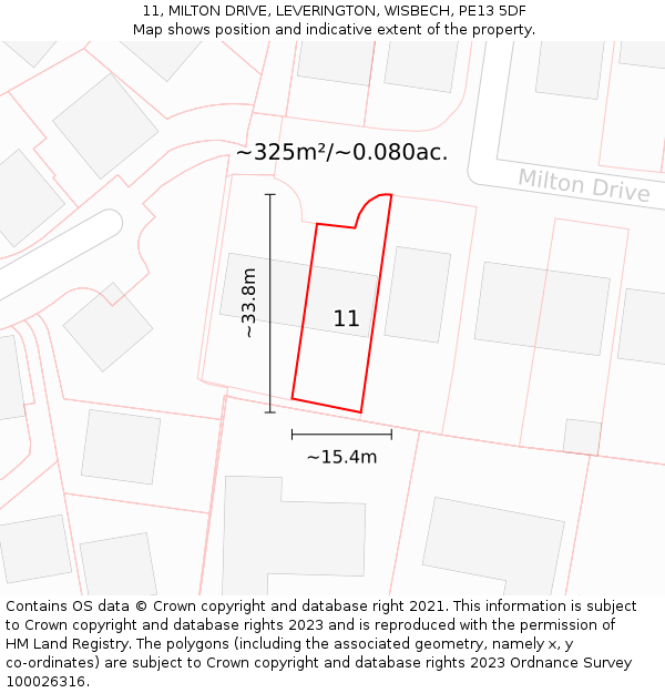 11, MILTON DRIVE, LEVERINGTON, WISBECH, PE13 5DF: Plot and title map