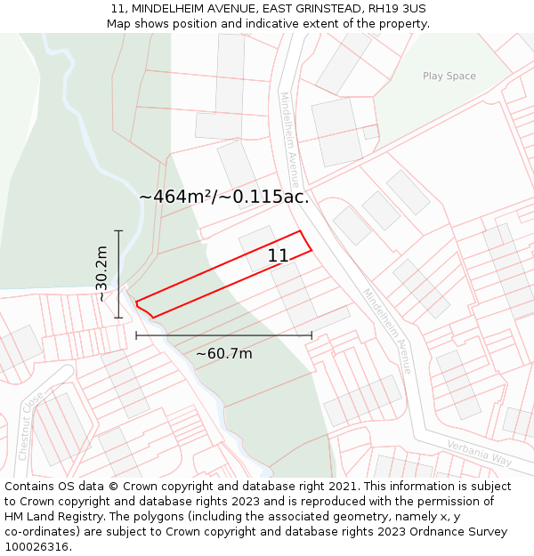 11, MINDELHEIM AVENUE, EAST GRINSTEAD, RH19 3US: Plot and title map