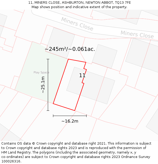 11, MINERS CLOSE, ASHBURTON, NEWTON ABBOT, TQ13 7FE: Plot and title map