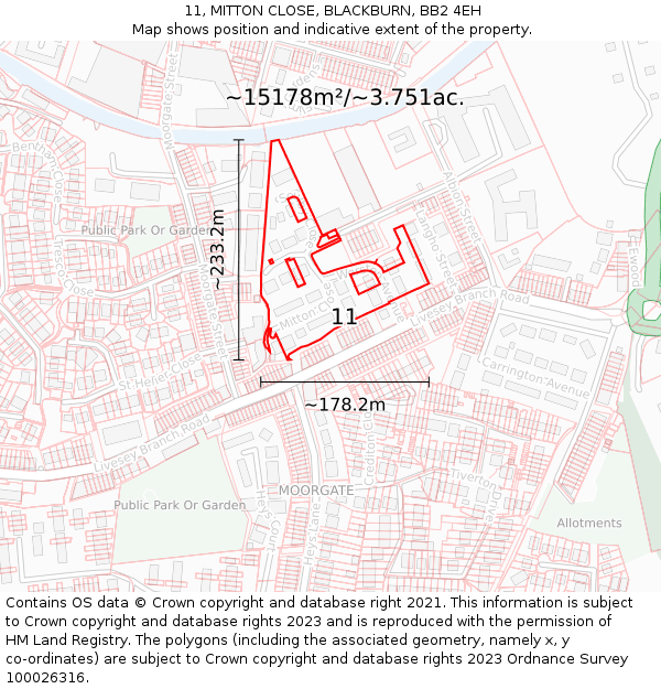 11, MITTON CLOSE, BLACKBURN, BB2 4EH: Plot and title map