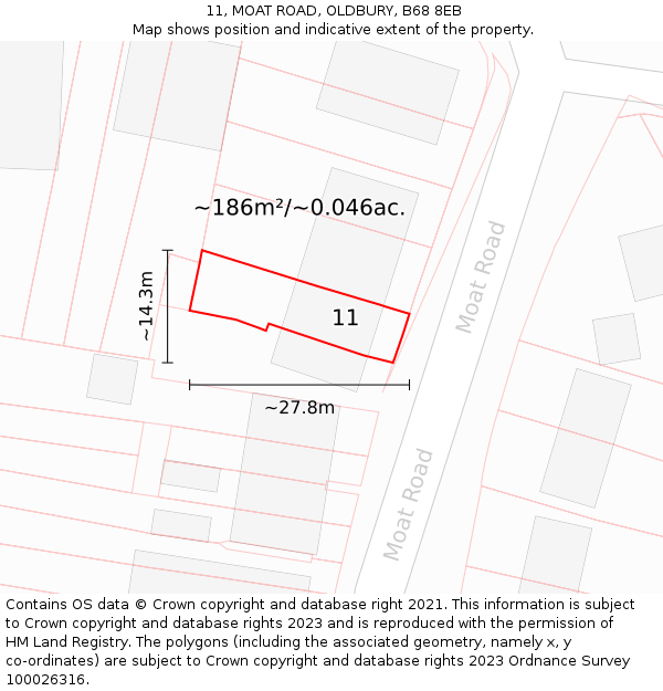 11, MOAT ROAD, OLDBURY, B68 8EB: Plot and title map