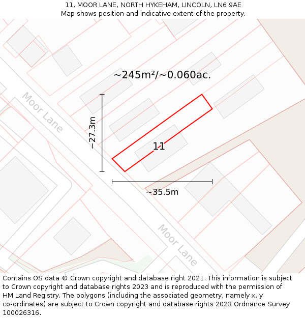 11, MOOR LANE, NORTH HYKEHAM, LINCOLN, LN6 9AE: Plot and title map