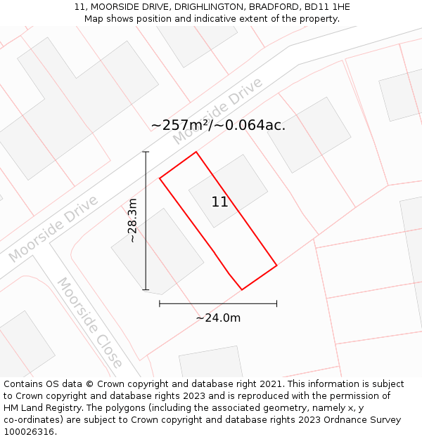 11, MOORSIDE DRIVE, DRIGHLINGTON, BRADFORD, BD11 1HE: Plot and title map