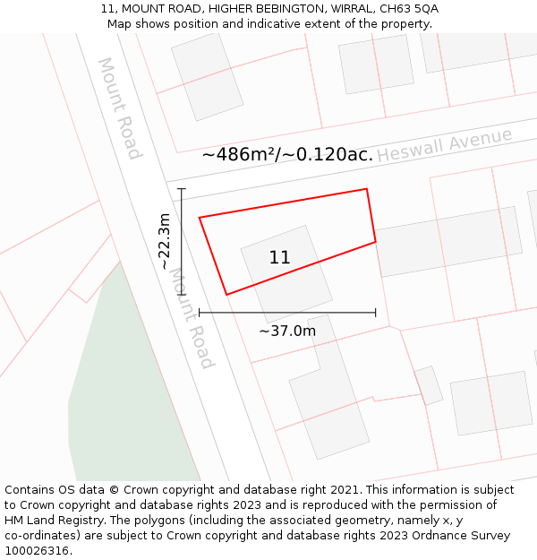 11, MOUNT ROAD, HIGHER BEBINGTON, WIRRAL, CH63 5QA: Plot and title map