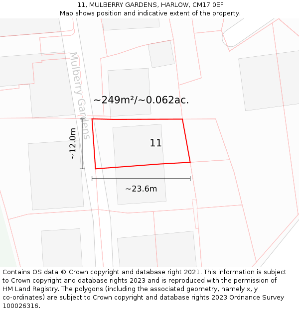 11, MULBERRY GARDENS, HARLOW, CM17 0EF: Plot and title map