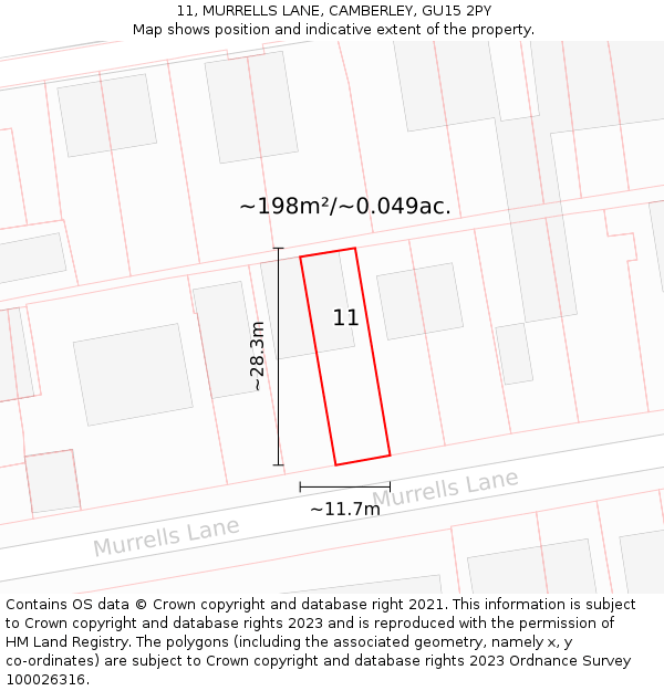 11, MURRELLS LANE, CAMBERLEY, GU15 2PY: Plot and title map