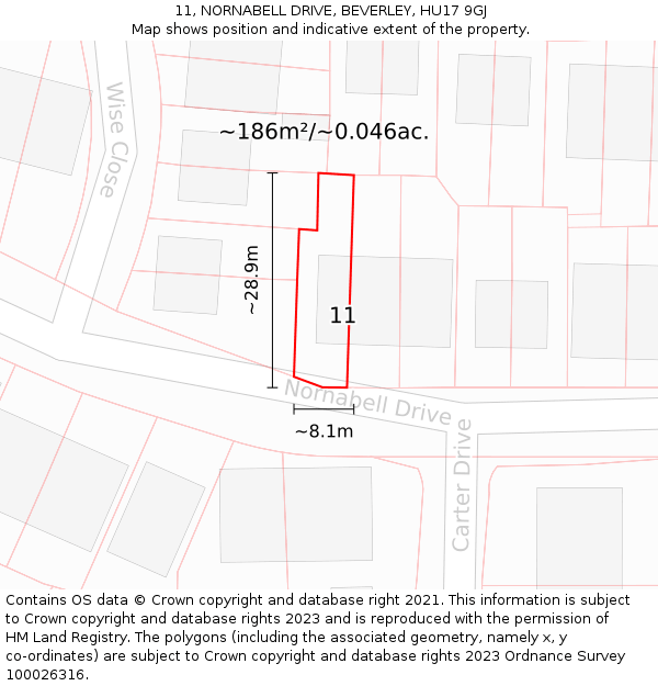 11, NORNABELL DRIVE, BEVERLEY, HU17 9GJ: Plot and title map