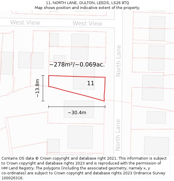 11, NORTH LANE, OULTON, LEEDS, LS26 8TQ: Plot and title map