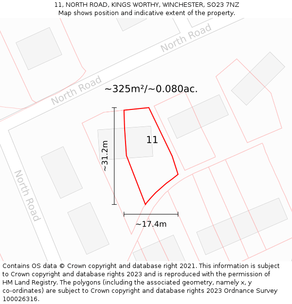 11, NORTH ROAD, KINGS WORTHY, WINCHESTER, SO23 7NZ: Plot and title map