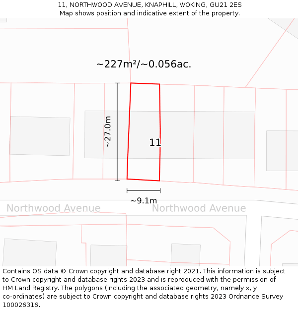 11, NORTHWOOD AVENUE, KNAPHILL, WOKING, GU21 2ES: Plot and title map