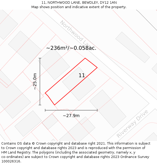 11, NORTHWOOD LANE, BEWDLEY, DY12 1AN: Plot and title map