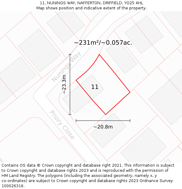 11, NUNINGS WAY, NAFFERTON, DRIFFIELD, YO25 4HL: Plot and title map