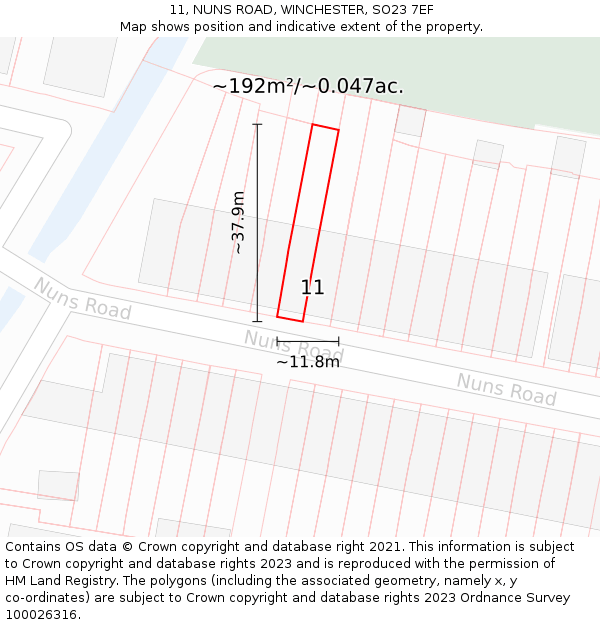 11, NUNS ROAD, WINCHESTER, SO23 7EF: Plot and title map