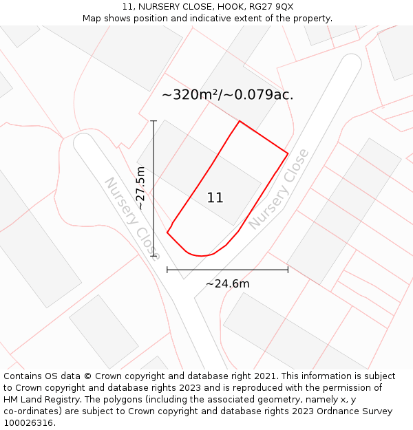 11, NURSERY CLOSE, HOOK, RG27 9QX: Plot and title map