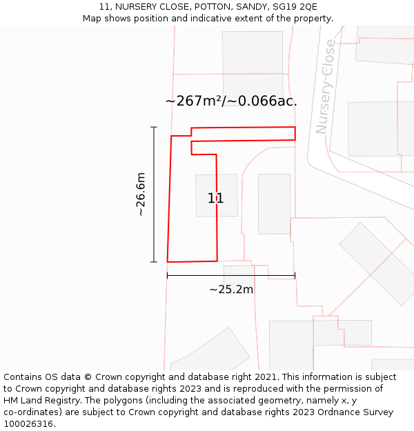 11, NURSERY CLOSE, POTTON, SANDY, SG19 2QE: Plot and title map