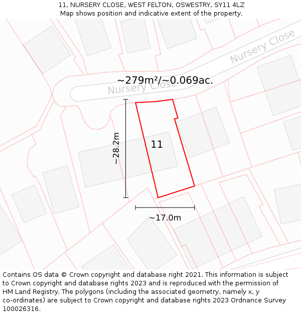 11, NURSERY CLOSE, WEST FELTON, OSWESTRY, SY11 4LZ: Plot and title map