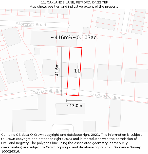 11, OAKLANDS LANE, RETFORD, DN22 7EF: Plot and title map