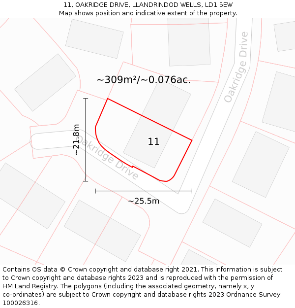 11, OAKRIDGE DRIVE, LLANDRINDOD WELLS, LD1 5EW: Plot and title map