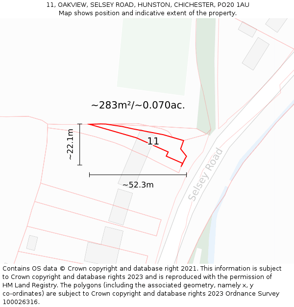 11, OAKVIEW, SELSEY ROAD, HUNSTON, CHICHESTER, PO20 1AU: Plot and title map