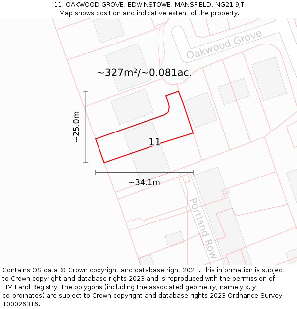 11, OAKWOOD GROVE, EDWINSTOWE, MANSFIELD, NG21 9JT: Plot and title map