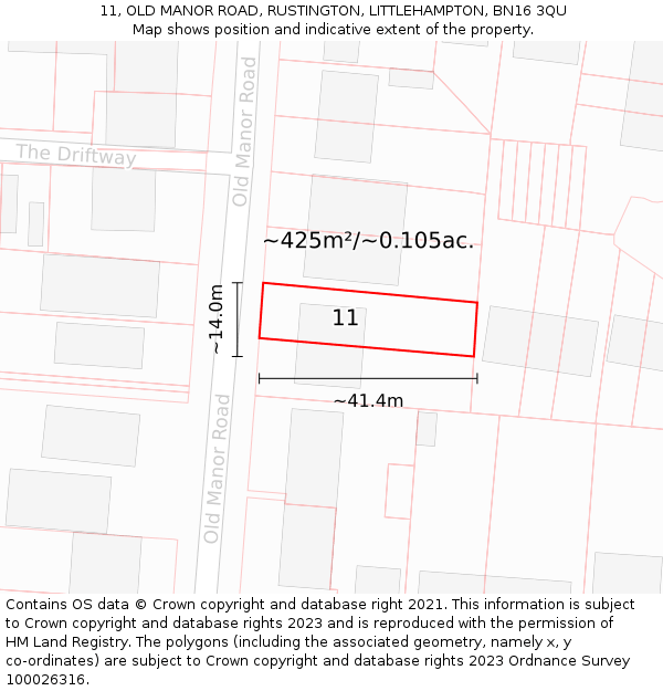 11, OLD MANOR ROAD, RUSTINGTON, LITTLEHAMPTON, BN16 3QU: Plot and title map