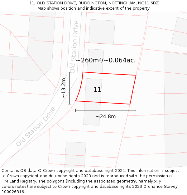 11, OLD STATION DRIVE, RUDDINGTON, NOTTINGHAM, NG11 6BZ: Plot and title map