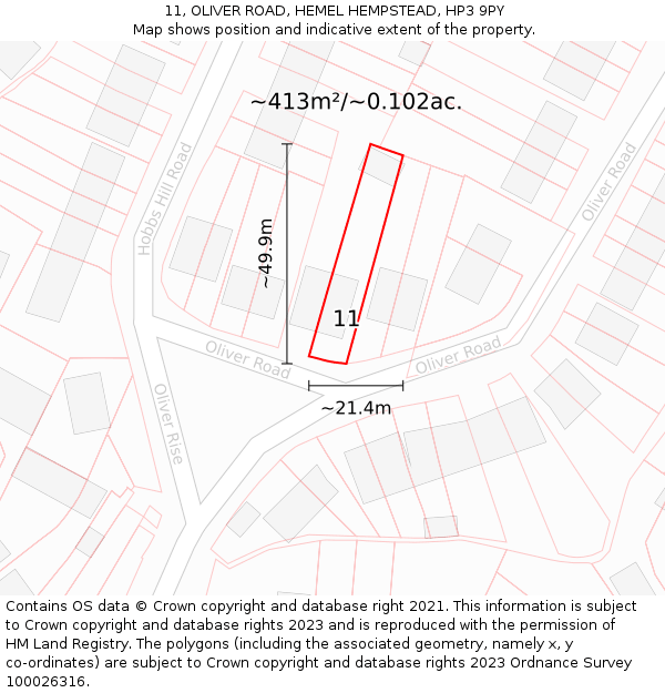 11, OLIVER ROAD, HEMEL HEMPSTEAD, HP3 9PY: Plot and title map