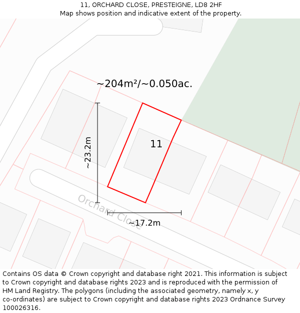 11, ORCHARD CLOSE, PRESTEIGNE, LD8 2HF: Plot and title map