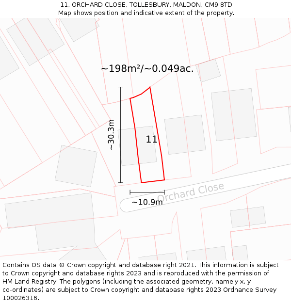11, ORCHARD CLOSE, TOLLESBURY, MALDON, CM9 8TD: Plot and title map