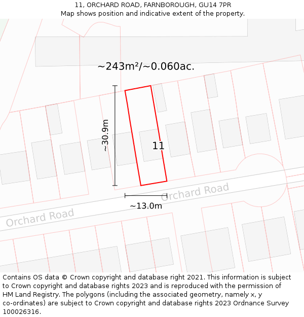 11, ORCHARD ROAD, FARNBOROUGH, GU14 7PR: Plot and title map