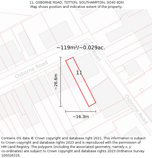 11, OSBORNE ROAD, TOTTON, SOUTHAMPTON, SO40 9DN: Plot and title map