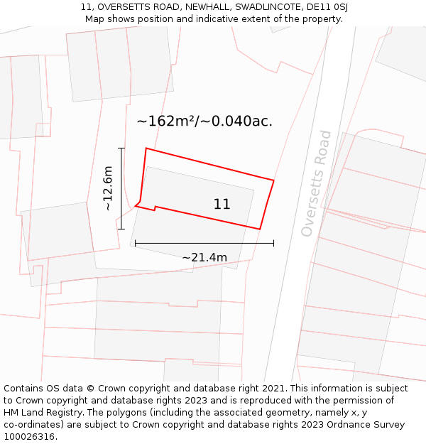 11, OVERSETTS ROAD, NEWHALL, SWADLINCOTE, DE11 0SJ: Plot and title map