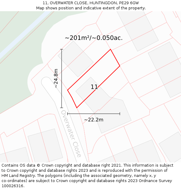 11, OVERWATER CLOSE, HUNTINGDON, PE29 6GW: Plot and title map