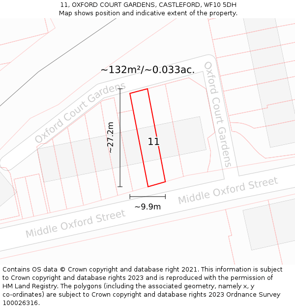 11, OXFORD COURT GARDENS, CASTLEFORD, WF10 5DH: Plot and title map