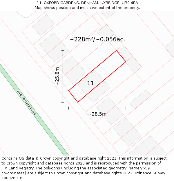 11, OXFORD GARDENS, DENHAM, UXBRIDGE, UB9 4EA: Plot and title map