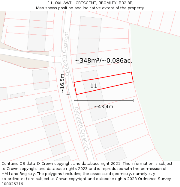 11, OXHAWTH CRESCENT, BROMLEY, BR2 8BJ: Plot and title map