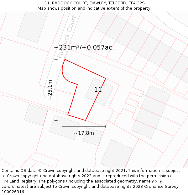 11, PADDOCK COURT, DAWLEY, TELFORD, TF4 3PS: Plot and title map