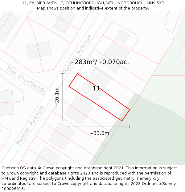 11, PALMER AVENUE, IRTHLINGBOROUGH, WELLINGBOROUGH, NN9 5XB: Plot and title map