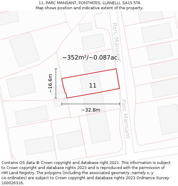 11, PARC MANSANT, PONTYATES, LLANELLI, SA15 5TA: Plot and title map